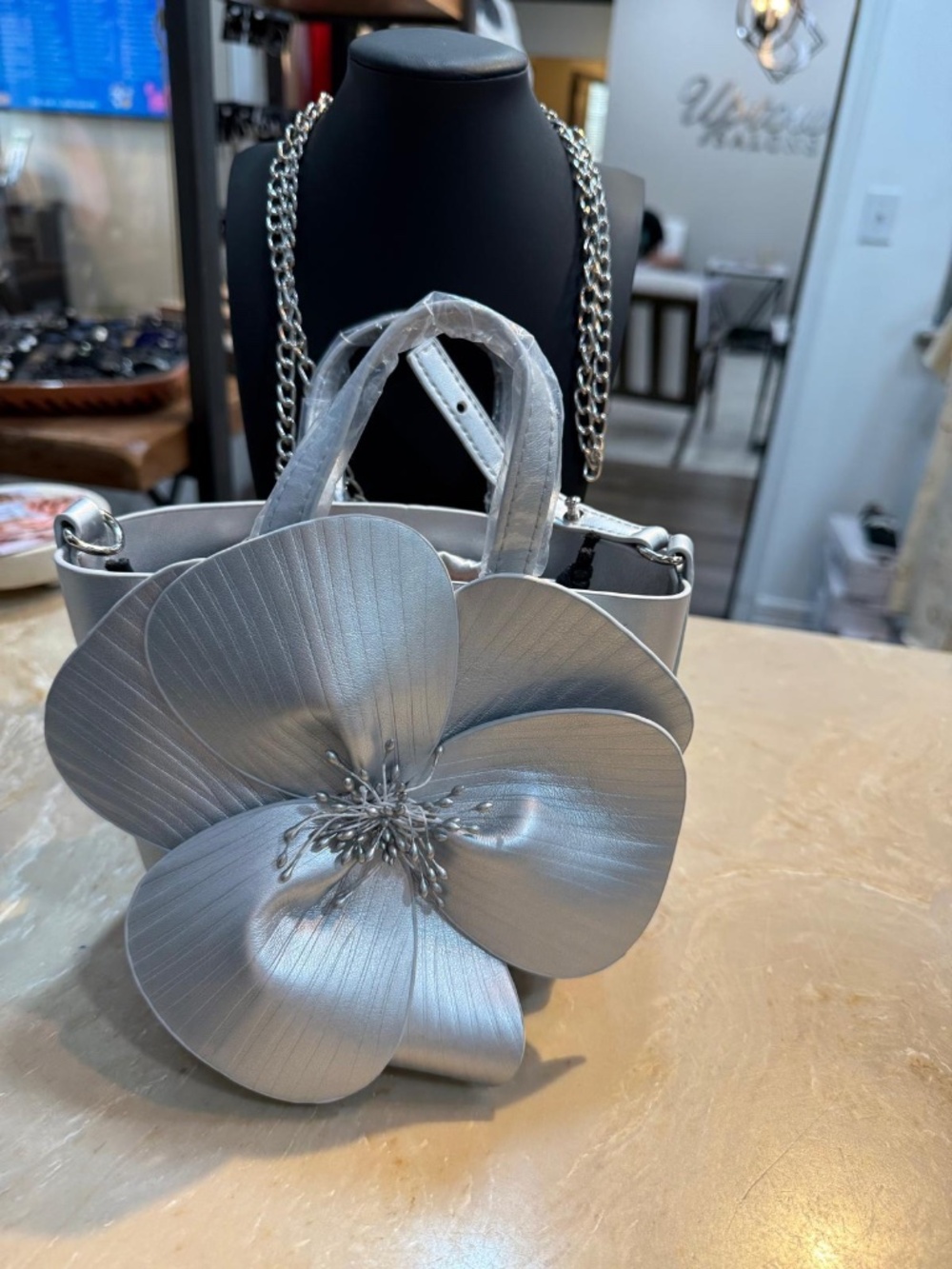 Silver Floral Statement Handbag with Oversized 3D Flower
